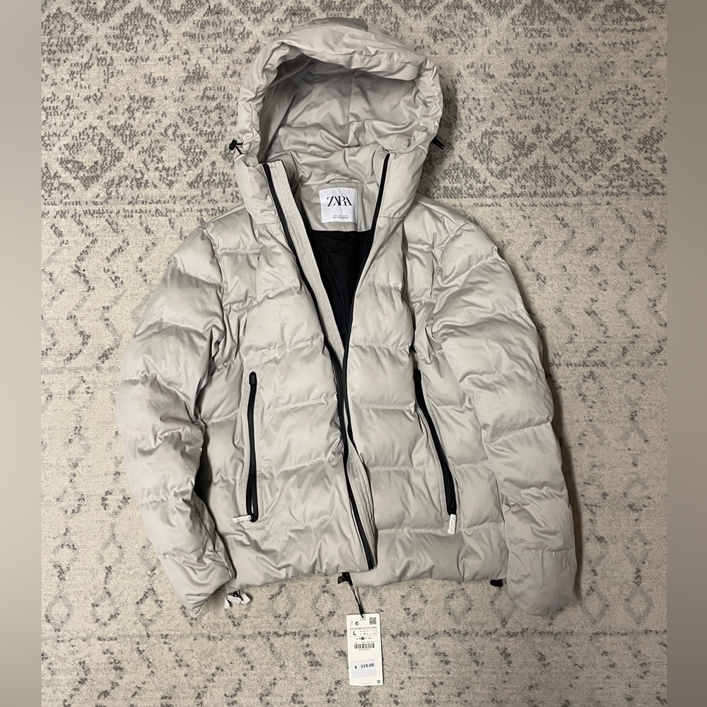 Zara Men’s Hooded Puffer Jacket Sz Large Stone NEW